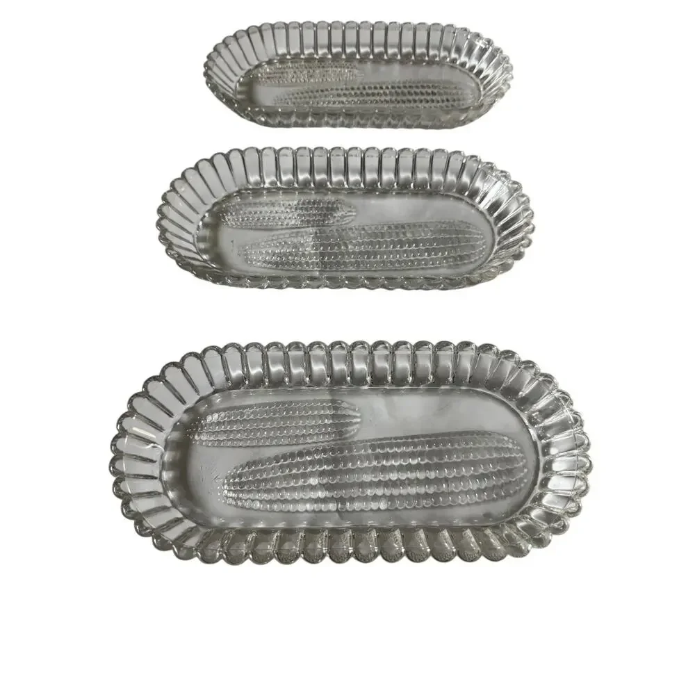 Vintage Pressed Glass Corn on the Cob Trays‎ Set of 3 Clear Ribbed Edge Retro